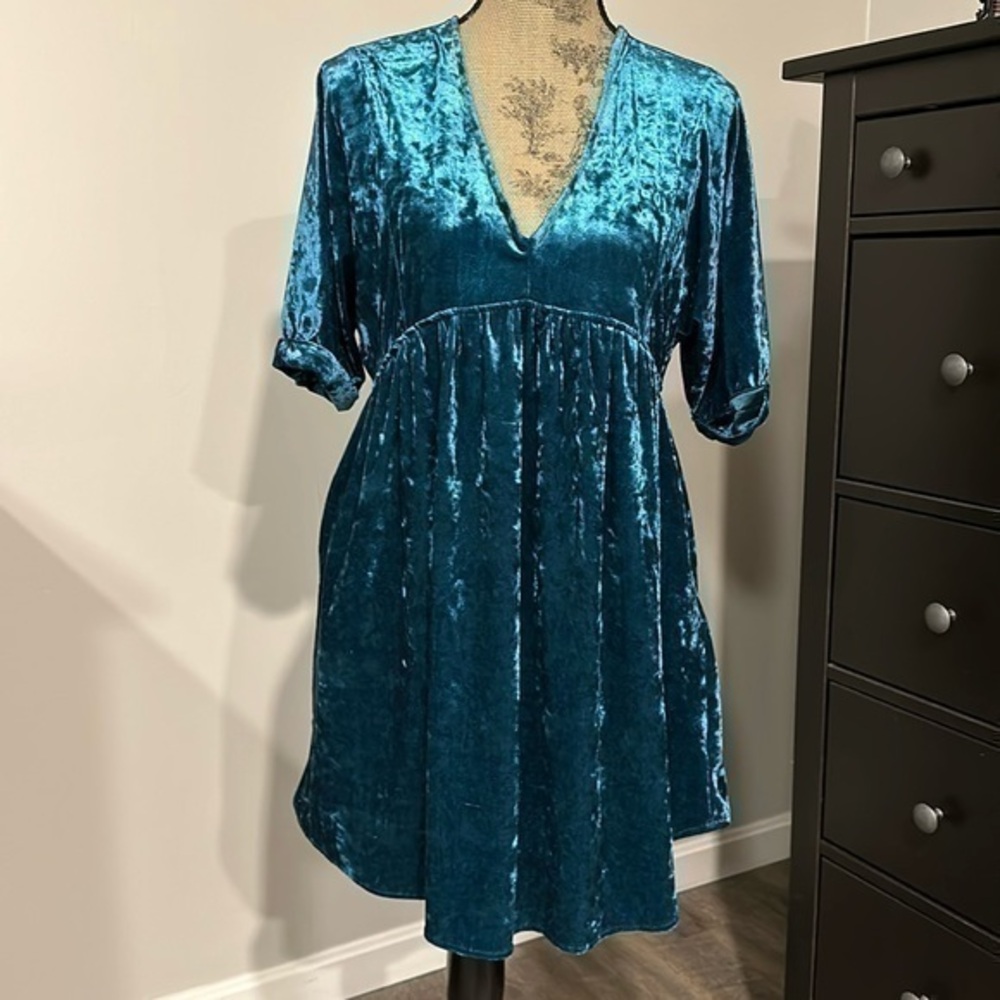 Kori Teal blue, crushed velvet, baby doll, mini dress size small